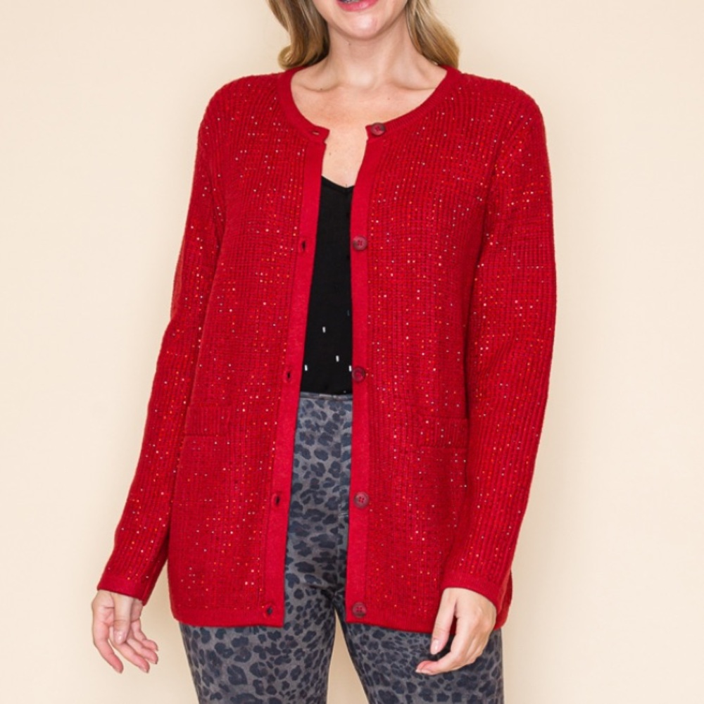 Rhinestone Button Down Cardigan- Red - image 1